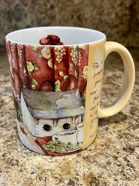 Lang 2008 Cup of Tea Cream and Red Country Birdhouse Ceramic Mug